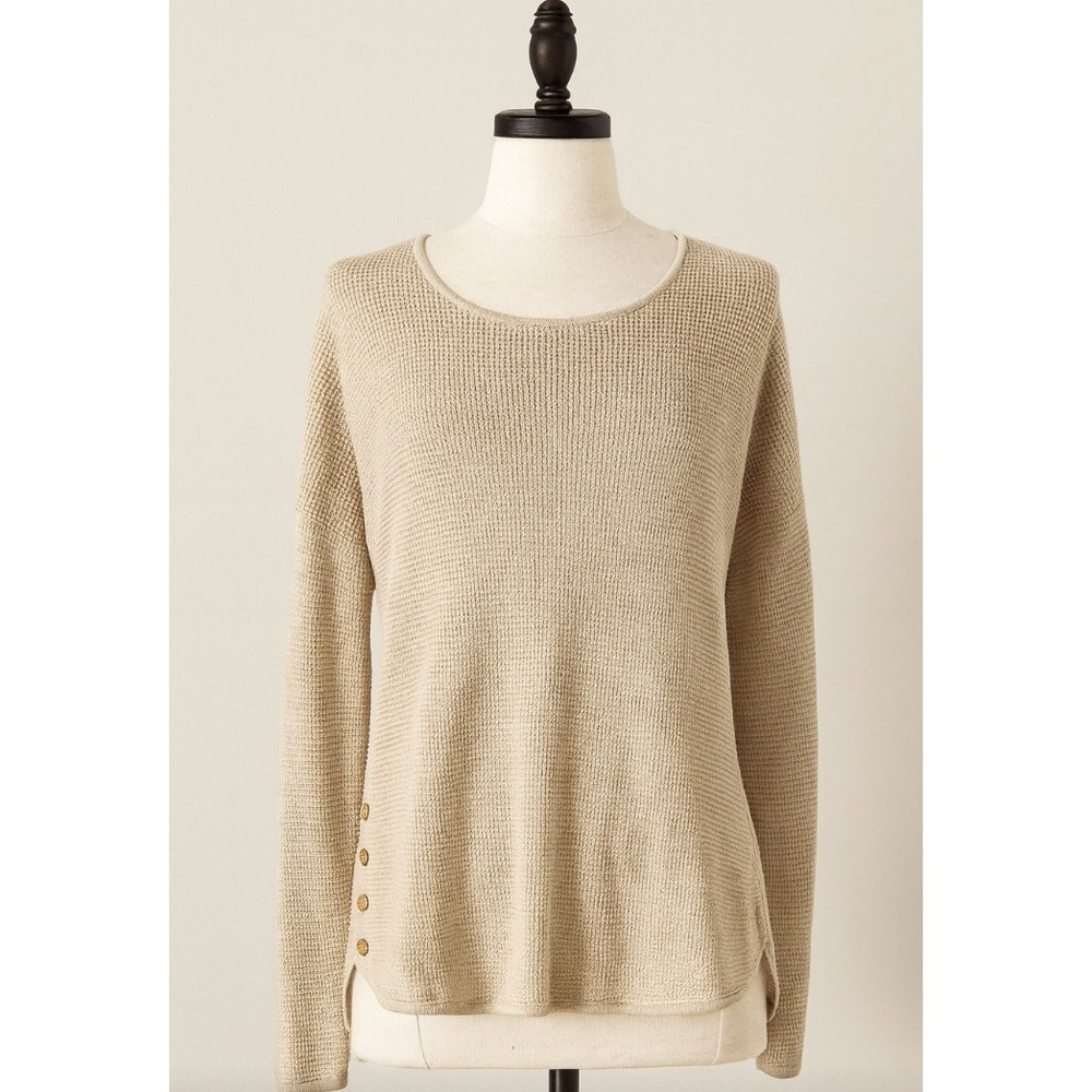 Michael Kors Womens Large Knit Sweater Beige Long Sleeve Button‎ Detail Pullover
